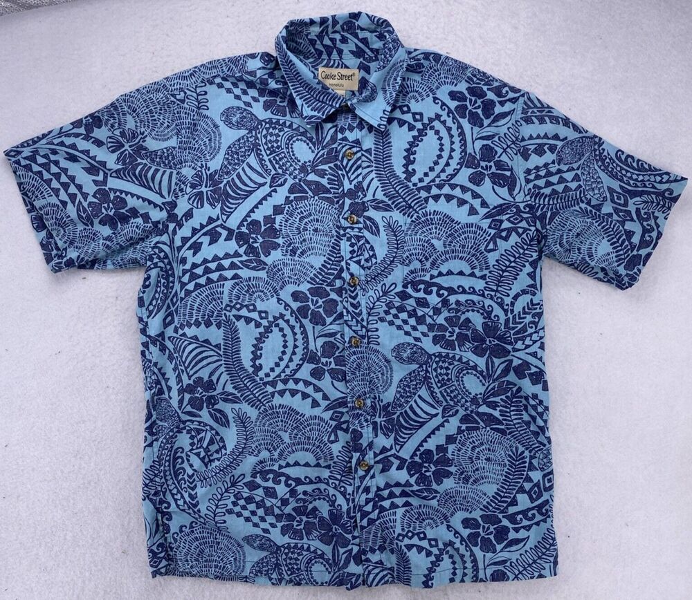 Cooke Street Honolulu Mens M Sea Turtle Floral Hawaiian Aloha Camp Shirt Blue